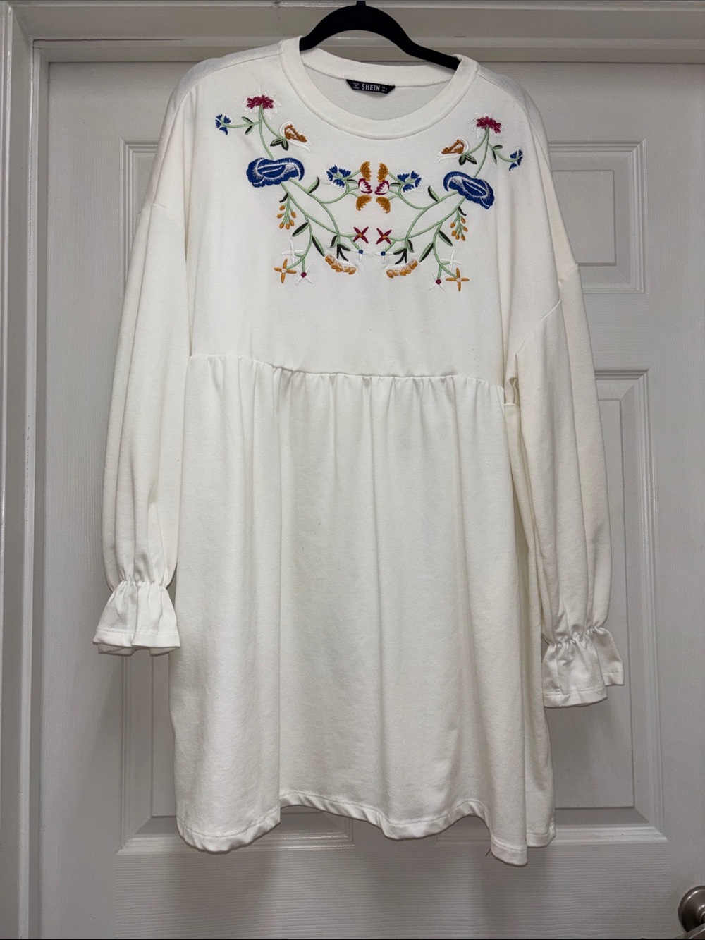 SHEIN White Embroidered Floral Babydoll Dress
